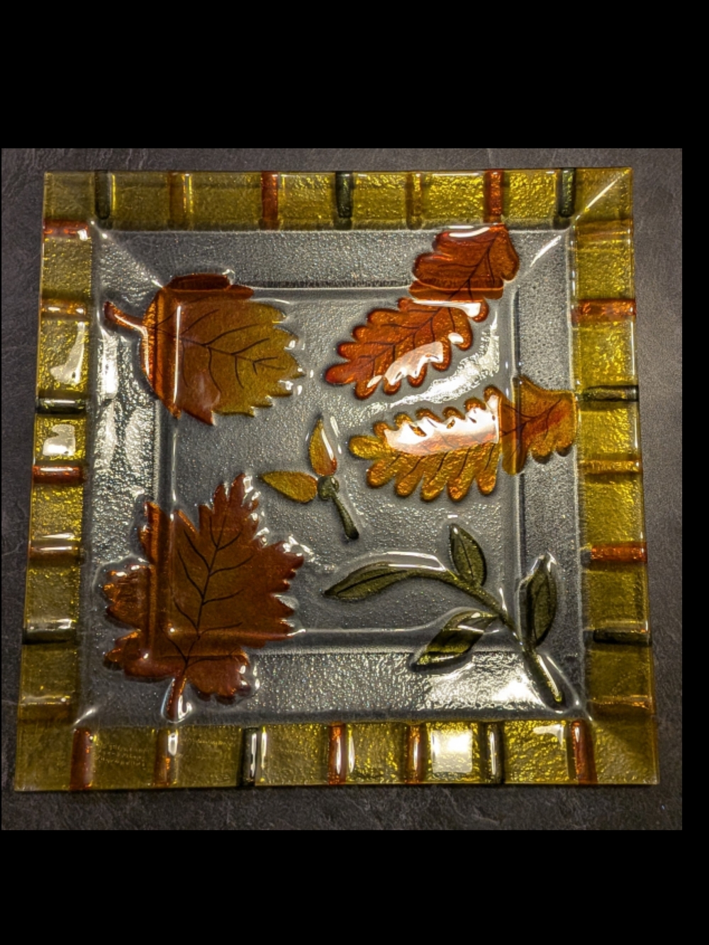 Autumn Leaves Decorative Glass Tray - Amber & Olive
